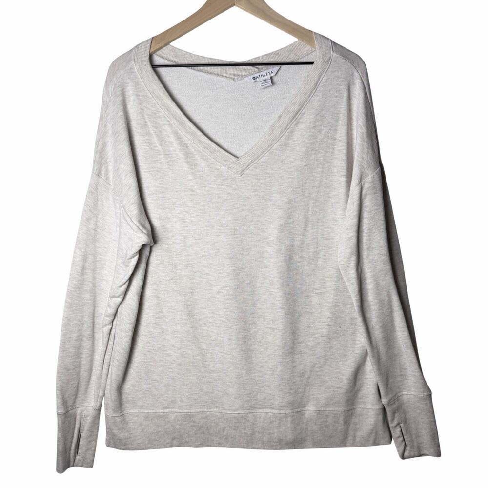 Athleta Heathered Beige Soft V-Neck Long Sleeve Sweatshirt Top Women's size L